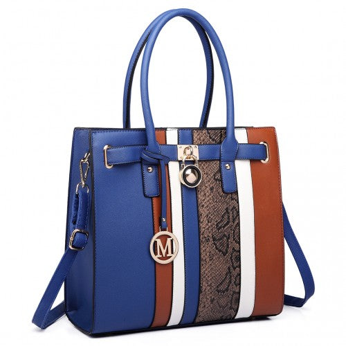 Easy Luggage LT6620 - Miss Lulu Multi Panel Leather Look Snake Skin Stripe Handbag Blue