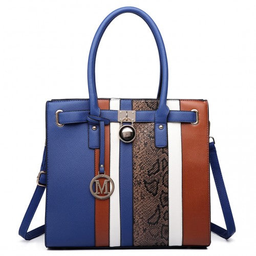 Easy Luggage LT6620 - Miss Lulu Multi Panel Leather Look Snake Skin Stripe Handbag Blue