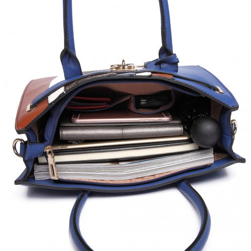 Easy Luggage LT6620 - Miss Lulu Multi Panel Leather Look Snake Skin Stripe Handbag Blue