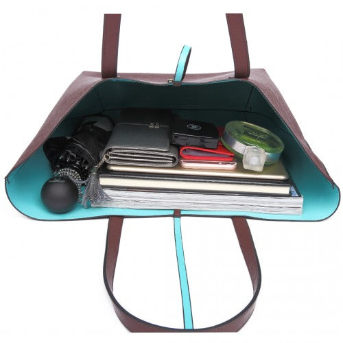 Easy Luggage LT6628 - Miss Lulu Women Reversible Contrast Shopper Tote Bag Coffee
