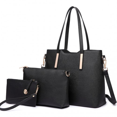 Easy Luggage LT6648 - Miss Lulu Three Piece Tote Shoulder Bag And Clutch - Black