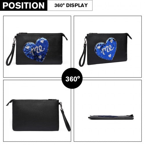 Easy Luggage LT6822L-MISS LULU PU LEATHER SEQUIN HEART ME CLUTCH BAG BLACK