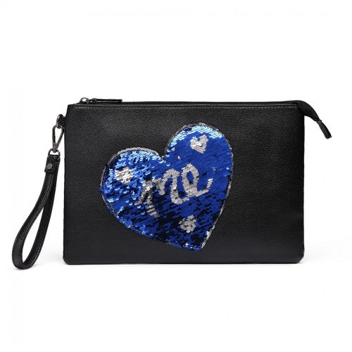 Easy Luggage LT6822L-MISS LULU PU LEATHER SEQUIN HEART ME CLUTCH BAG BLACK