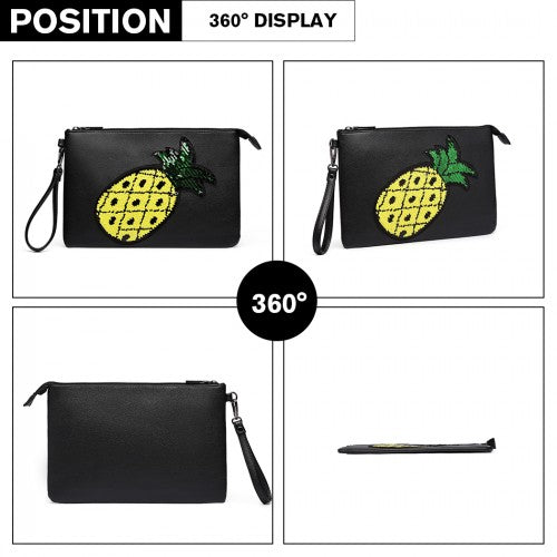 Easy Luggage LT6822P-MISS LULU MISS LULU PU LEATHER SEQUIN PINEAPPLE CLUTCH BAG BLACK