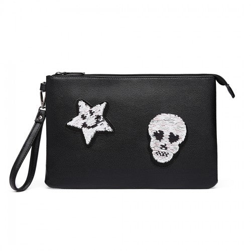 Easy Luggage LT6822S-MISS LULU MISS LULU PU LEATHER SEQUIN SKULL CLUTCH BAG BLACK