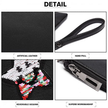 Easy Luggage LT6822S-MISS LULU MISS LULU PU LEATHER SEQUIN SKULL CLUTCH BAG BLACK