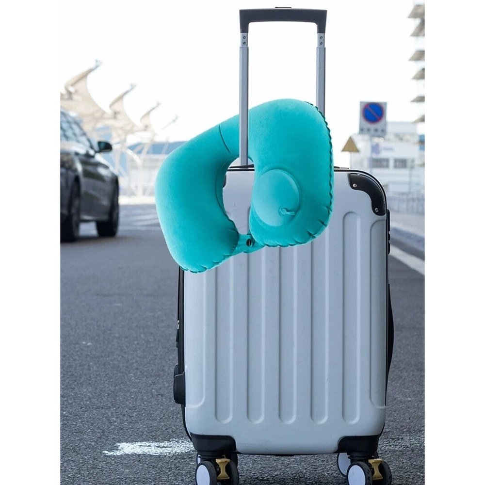 Easy Luggage Travel Neck Pillow - Inflatable Head Rest Cushion with sqeeze inflation- TEAL